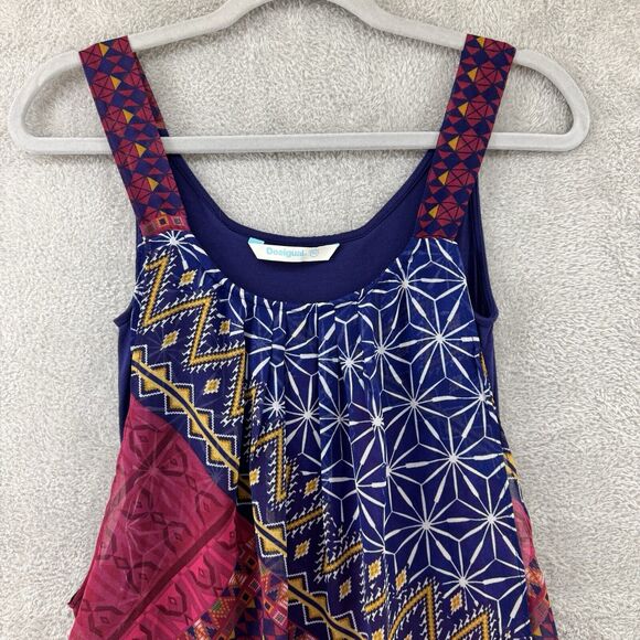 Desigual Dress Womens EU36 Blue Cassidy Tank Boho Printed Layered Chiffon Short - Picture 3 of 10